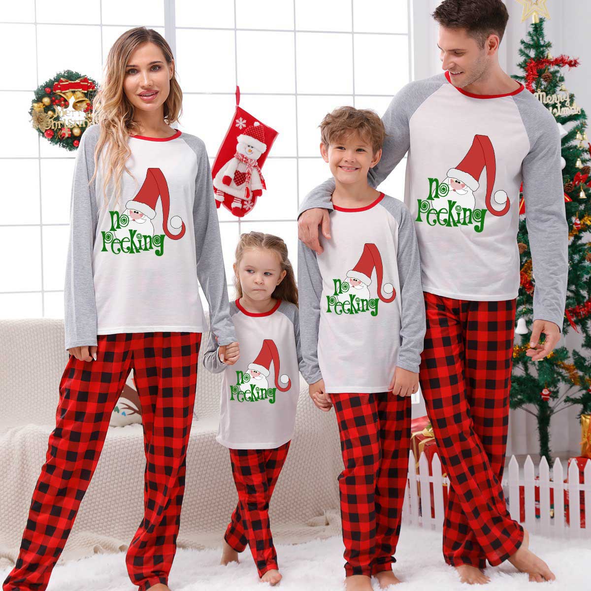 Christmas Matching Family Pajamas Funny No Peeking Santa White Pajamas Set