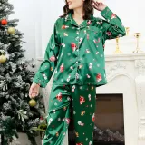 Women Two Pieces Fabric Cotton Pajamas Santa Snowman Christmas Green Sleepwear Set