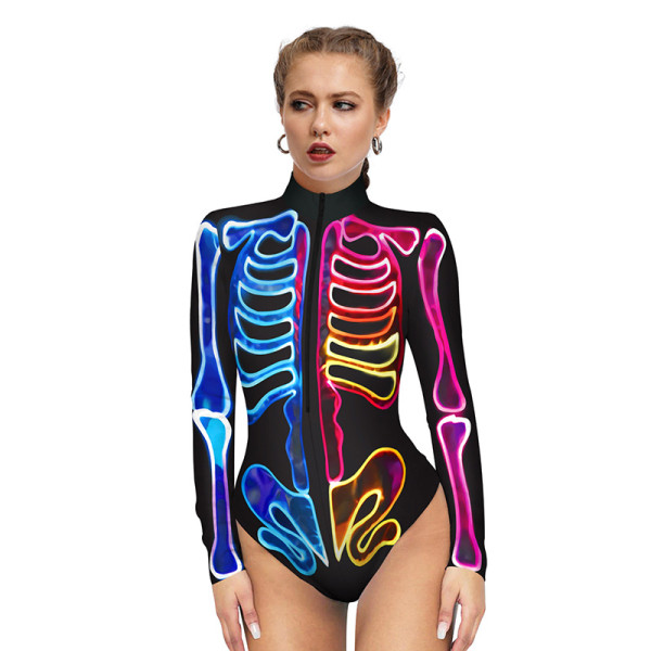 Women Halloween Costume Skeleton Ribcage Prints Tight Fitting Jumpsuit Shorts Cosplay