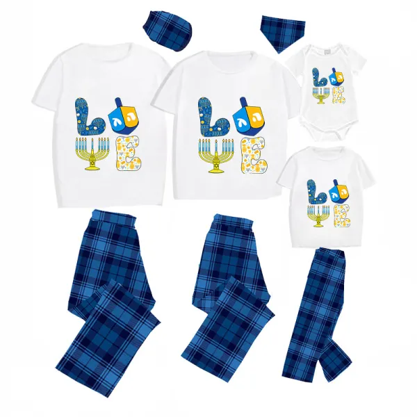 Christmas Matching Family Pajamas Happy Hanukkah Love Candlestick Blue Short Pajamas Set