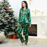 Women Two Pieces Fabric Cotton Pajamas Santa Snowman Christmas Green Sleepwear Set