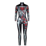 Women Halloween 3D Costume Skeleton Ribcage Prints Tight Fitting Jumpsuit Cosplay