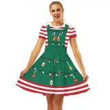 Women Christmas A-Line Short Sleeve Round Neck Elf Ugly Dress