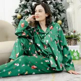 Women Two Pieces Fabric Cotton Pajamas Santa Snowman Christmas Green Sleepwear Set