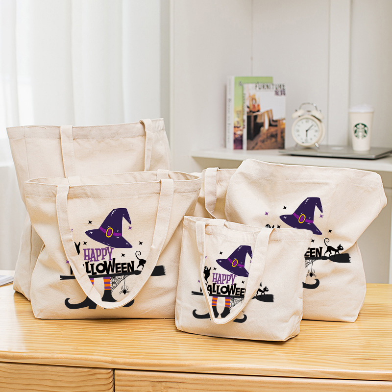 Halloween Eco Friendly Happy Halloween Witch Handle Canvas Tote Bag