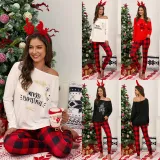 Women Two Pieces Homewear One Shoulder Long Sleeve Tops and Plaid Pants Christams Pajamas