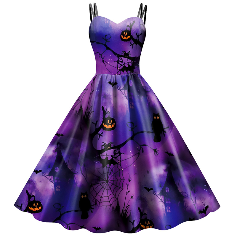 Women Halloween Shoulder A-line Terror Castle Print Cosplay Dress