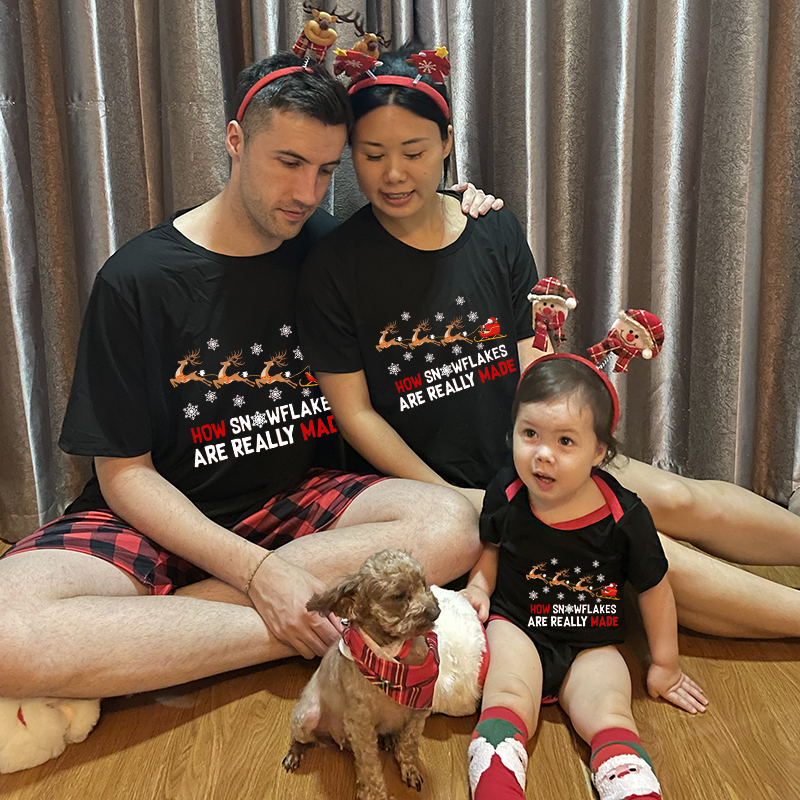 Christmas Matching Family Pajamas Funny Flying Reindeer Snowflakes are Really Made Black Pajamas Set