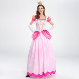 Women 3 Pieces Mesh Short Sleeve Pink Princess Dress with Gloves and Crown