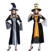 Women Halloween Gothic Costume Witches Cosplay Midi Dress with Witch hat