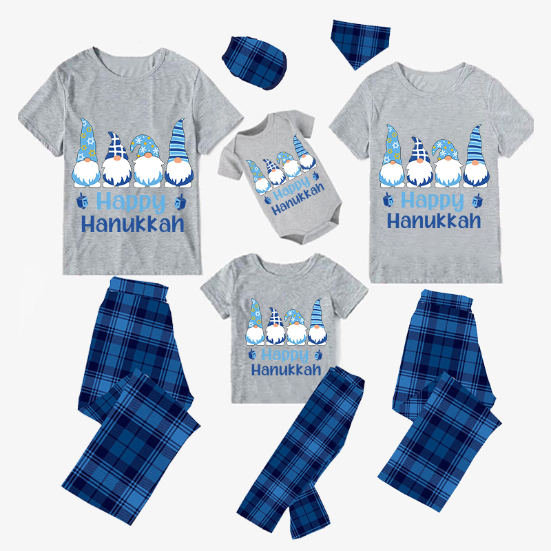 Christmas Matching Family Pajamas Four Gnomies Happy Hanukkah Blue Short Pajamas Set
