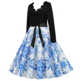 Women Santa Claus Long Sleeve Deep V Floral Collar Christmas Dress