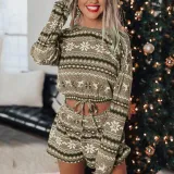 Women Two Pieces Pajamas Christmas Snowflake Long Sleeve Tops And Shorts Christmas Sleepwear Set