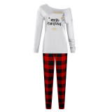 Women Two Pieces Homewear One Shoulder Long Sleeve Tops and Plaid Pants Christams Pajamas