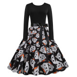 Women Halloween Long Sleeve A-line Bowtie Belt Ghost Skeleton Print Cosplay Dress
