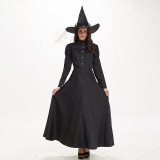 Women Halloween Gothic Costume Witches Cosplay Maxi Dress with Hat
