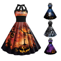 Women Halloween Halter Sleeveless A-line Pumpkin Ghost Cosplay Dress