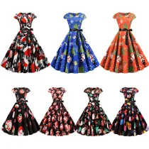 Women Vintage Sleeveless A-line Bowtie HO HO Santa Claus Print Ugly Christmas Dress