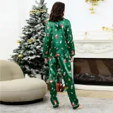 Women Two Pieces Fabric Cotton Pajamas Santa Snowman Christmas Green Sleepwear Set