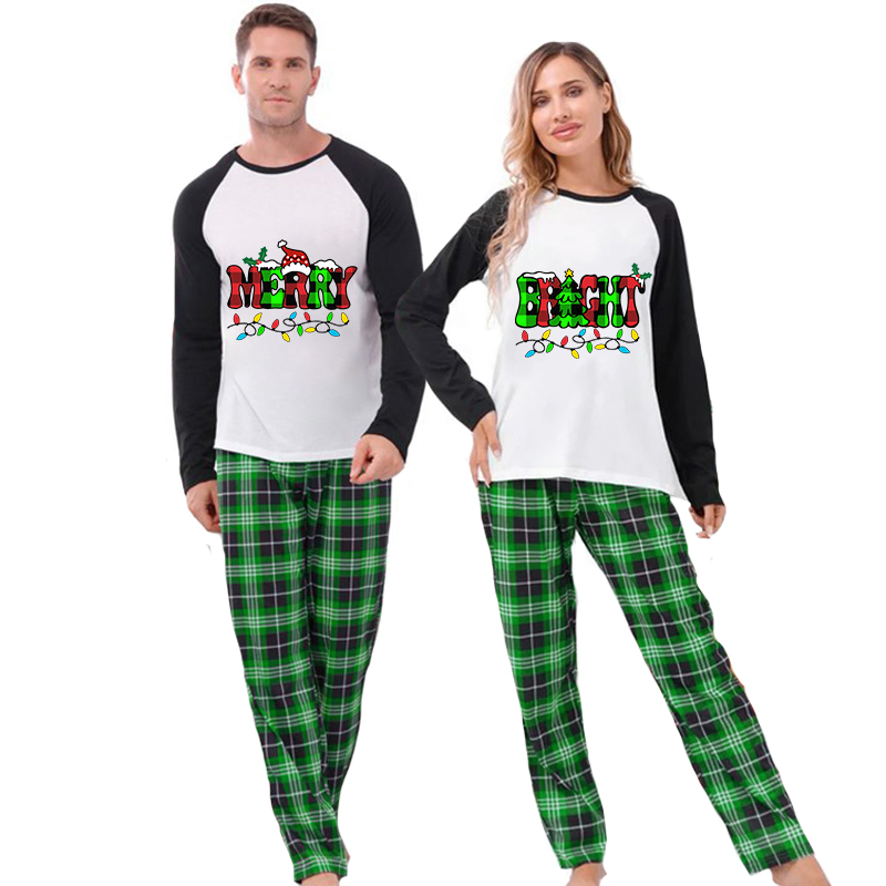 Couple Matching Christmas Pajamas Merry Bright Loungwear Green Pajamas Set