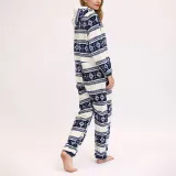Women Snowflake Reindeer Cotton Flannel Hooded Bodysuit Christams Pajamas