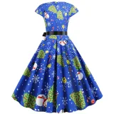 Women Vintage Sleeveless A-line Bowtie HO HO Santa Claus Print Ugly Christmas Dress