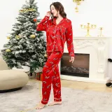 Women Two Pieces Fabric Cotton Pajamas Santa Claus Crutch Christmas Sleepwear Set