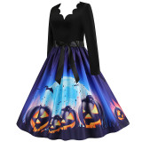 Women Halloween Long Sleeve Pumpkin Horrorable Gost Deep V Floral Collar Cosplay Party Dress