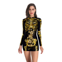 Women Halloween Costume Long Sleeve Ribs Skeleton Prints Cosplay Mini Dress