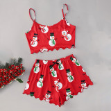 Women Two Pieces Pajamas Santa Snowman Printed Cami Crop and Shorts Christmas Sleepwear Set