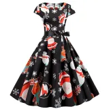 Women Vintage Sleeveless A-line Bowtie Santa Claus Snowman Print Ugly Christmas Dress