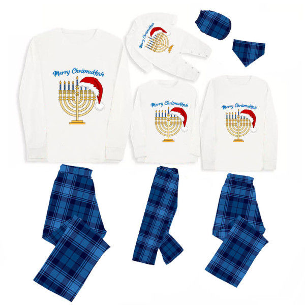 Christmas Matching Family Pajamas Happy Hanukkah Christmas Hat Candlestick Blue Pajamas Set