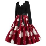 Women Santa Claus Long Sleeve Deep V Floral Collar Christmas Dress