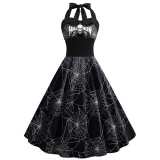 Women Halloween Halter Sleeveless A-line Spider Web Bats Print Cosplay Dress