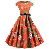 Women Vintage Sleeveless A-line Bowtie HO HO Santa Claus Print Ugly Christmas Dress