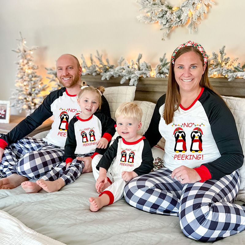 Christmas Matching Family Pajamas Funny No Peeking Penguins Gray Pajamas Set