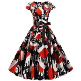 Women Vintage Sleeveless A-line Bowtie HO HO Santa Claus Print Ugly Christmas Dress