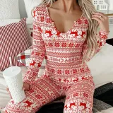 Christams Women HO HO Snowflake Lattice Homewear Christams Jumpsuit