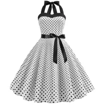 Women Holiday Polka Dot A-line Bow Tie Halter Dress