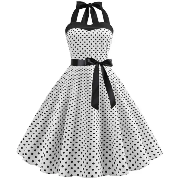 Women Holiday Polka Dot A-line Bow Tie Halter Dress