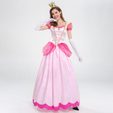 Women 3 Pieces Mesh Short Sleeve Pink Princess Dress with Gloves and Crown