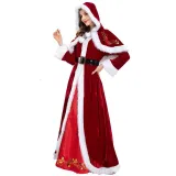 Women Santa Claus Maxi Dress with Fancy Cloak and Belt Gloves