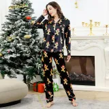 Women Two Pieces Fabric Cotton Pajamas Gingerbread Man Christmas Black Sleepwear Set