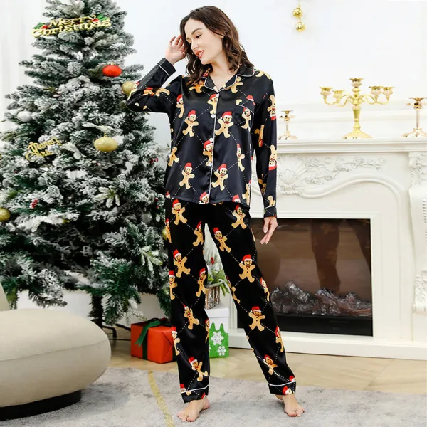 Women Two Pieces Fabric Cotton Pajamas Gingerbread Man Christmas Black Sleepwear Set
