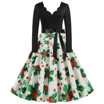 Women Santa Claus Long Sleeve Deep V Floral Collar Christmas Dress