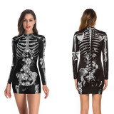 Women Halloween Costume Long Sleeve Ribs Skeleton Prints Cosplay Mini Dress
