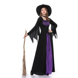 Women 3 Pieces Halloween Gothic Costume Witches Cosplay Maxi Dress with Necklaces and Hat