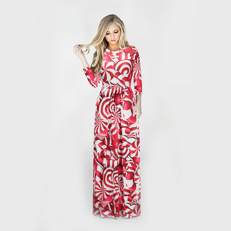 Women Long Sleeve Reindeer Christmas Tree Prints Ugly Maxi Dress
