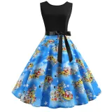 Women Vintage Sleeveless A-line Bowtie Santa Claus Print Ugly Christmas Dress