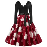 Women Santa Claus Long Sleeve Deep V Floral Collar Christmas Dress